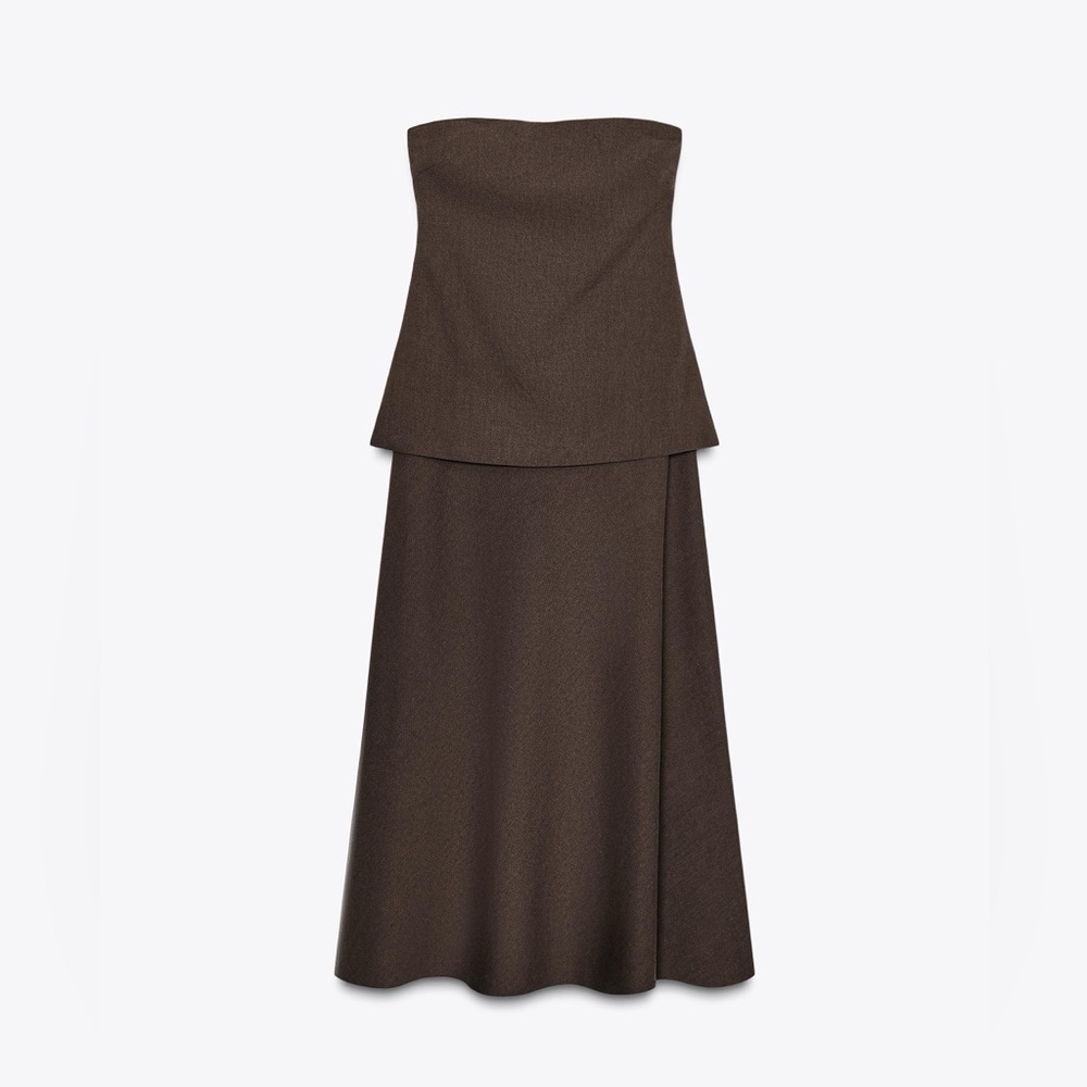 ZARA Brown Linen Strapless Dress